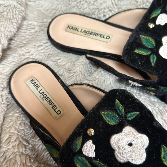 Karl Lagerfeld velvet floral embroidered flat mules - Picture 2 of 6